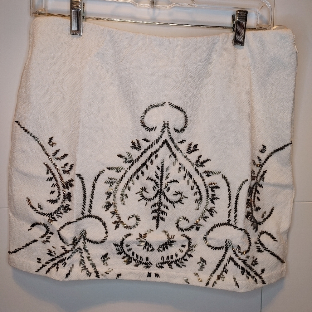 NWT Beaded Embellished Mini Pencil Skirt Cream White Boho Size L - Picture 2 of 9